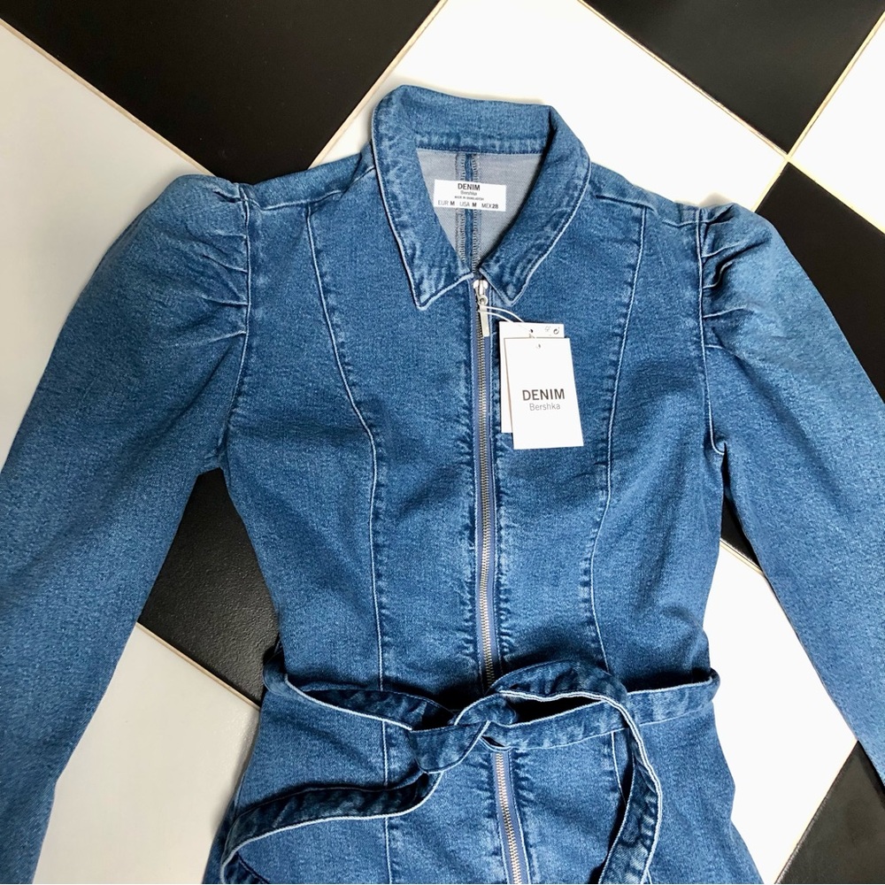NWT Bershka Shirt Mini Dress Long Sleeve Denim Belted Puffy Sleeves Western sz M - Picture 7 of 13